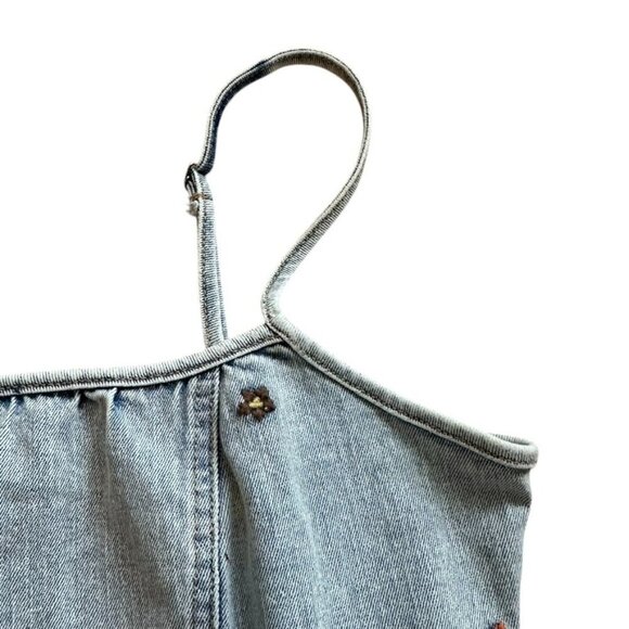 Indigo Rein Blue Denim Embroidered Floral Crop Top Zipper Back Corset, Medium - Picture 3 of 8